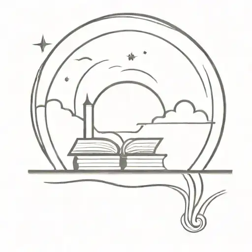 A minimalist tattoo of a sunset behind a stack of books, symbolizing the beauty of reading during twilight hours tattoo design idea