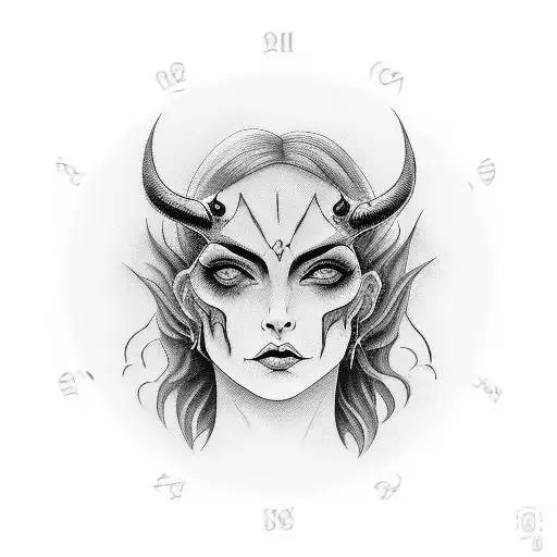 goth woman face and holding pendulum that swings. Pendulum is a demonic seal of asmodeus and shown in 3 stages. tattoo design idea