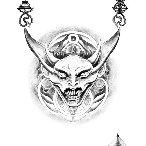 demon woman on top holding pendulum that swings. Pendulum is a demonic seal of asmodeus and shown in 3 stages. tattoo design idea