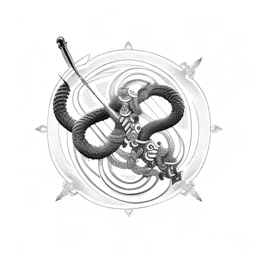 A mechanical snake coiled around a sword tattoo design idea