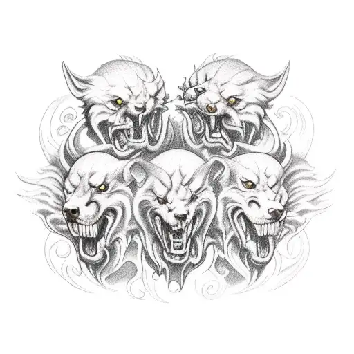 demonic cerberus with 3 heads front view tattoo design idea