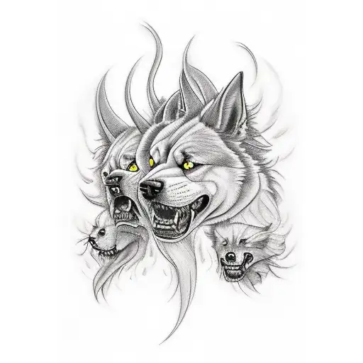 burning cerberus with 3 heads tattoo design idea