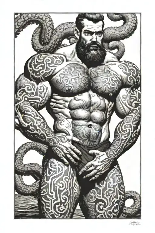 gay, hairy, muscle, male pinup, beard, big bulge, tom of finland style, octopus, merman style tattoo design idea