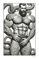 gay, hairy, muscle, male pinup, beard, big bulge, tom of finland style, octopus, merman style tattoo design idea