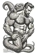 gay, hairy, muscle, male pinup, beard, big bulge, tom of finland style, octopus, merman style tattoo design idea