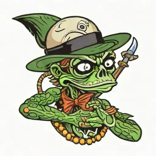 a pepe with Pepe skull in his hands holding tattoo design idea