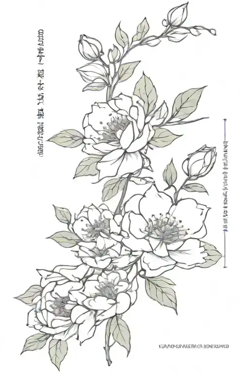 long thin black spine tattoo with hydrangeas, water lillies, hawthorns, and peonies tattoo design idea