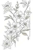 long thin black spine tattoo with hydrangeas, water lillies, hawthorns, and peonies tattoo design idea