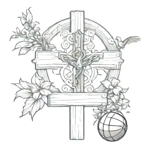 Large wooden out cross with a cardinal sitting on it and a basketball at the base with Iris flowers growing around it.   tattoo design idea
