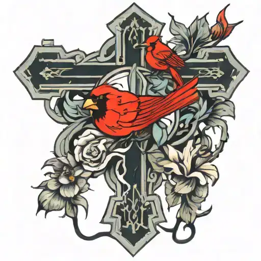 Large worn out cross with a cardinal sitting on it and a basketball at the base with Iris flowers growing around it.   tattoo design idea