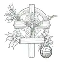 Large wooden out cross with a cardinal sitting on it and a basketball at the base with Iris flowers growing around it.   tattoo design idea