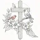 Large wooden out cross with a cardinal sitting on it and a basketball at the base with Iris flowers growing around it.   tattoo design idea