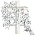 Large wooden out cross with a cardinal sitting on it and a basketball at the base with Iris flowers growing around it.   tattoo design idea