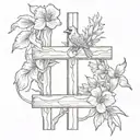 Large wooden out cross with a cardinal sitting on it and a basketball at the base with Iris flowers growing around it.   tattoo design idea