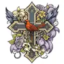 Large worn out cross with a cardinal sitting on it and a basketball at the base with Iris flowers growing around it.   tattoo design idea