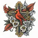 Large worn out cross with a cardinal sitting on it and a basketball at the base with Iris flowers growing around it.   tattoo design idea