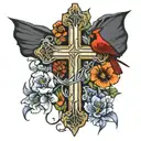 Large worn out cross with a cardinal sitting on it and a basketball at the base with Iris flowers growing around it.   tattoo design idea