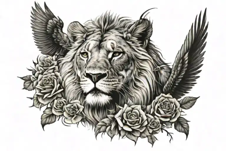 A majestic lion face on a mountain peak, surrounded by blooming roses and soaring birds tattoo design idea