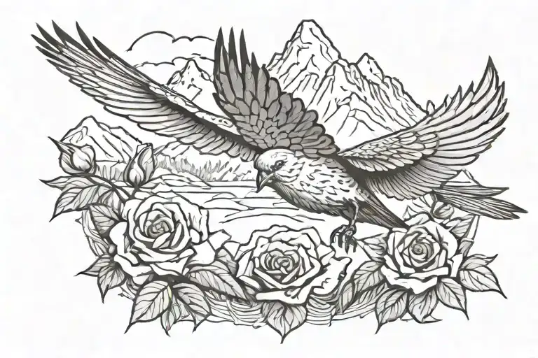 A sketch-style tattoo of a bird in flight, carrying a rose in its beak as it soars over a mountain range tattoo design idea