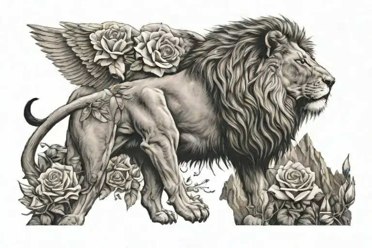 A majestic lion standing proudly on a mountain peak, surrounded by blooming roses and soaring birds tattoo design idea