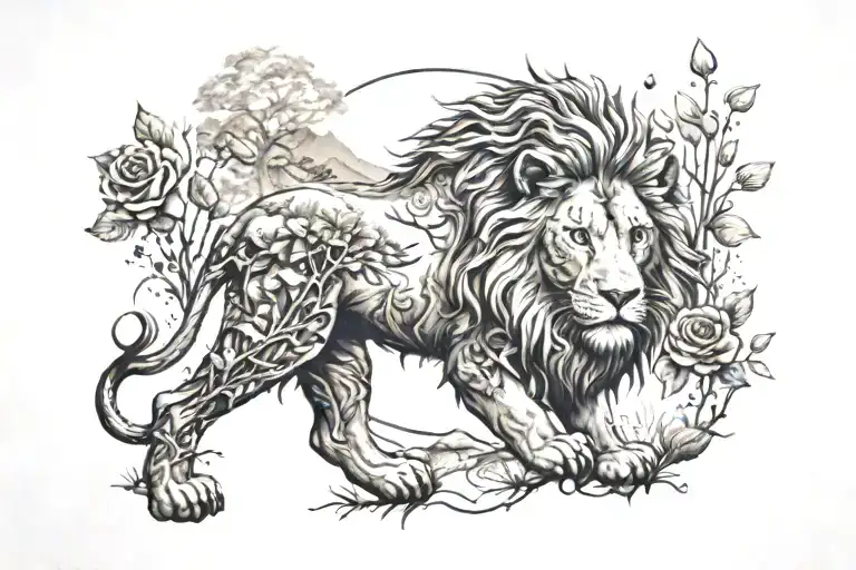 A mystical tattoo design combining elements of therapy and hiking, such as a serene forest scene with a hidden lion silhouette and roses scattered throughout tattoo design idea