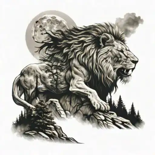 A lion roaring on top of a mountain peak surrounded by trees tattoo design idea