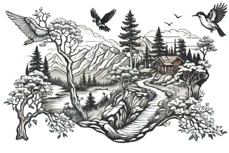A serene landscape tattoo featuring a winding hiking trail leading to a peaceful therapy session under a tree, with birds flying overhead tattoo design idea