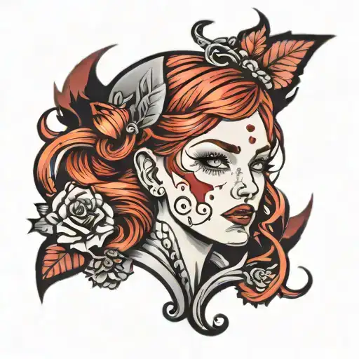 red haired girl bleeding silver  tattoo design idea