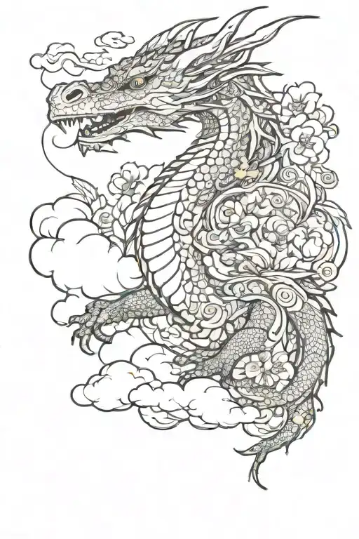 dragon with flowers and clouds surrounding tattoo design idea