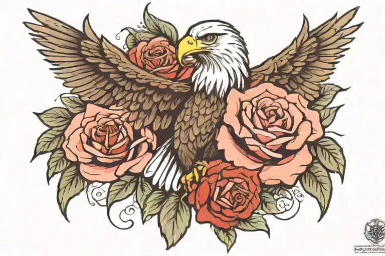 Eagle and rose surrounded tattoo design idea