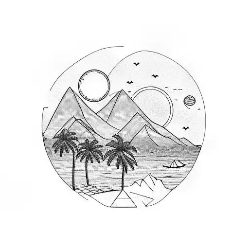 Beach Palm Tree Forest Mountains Sun tattoo design idea