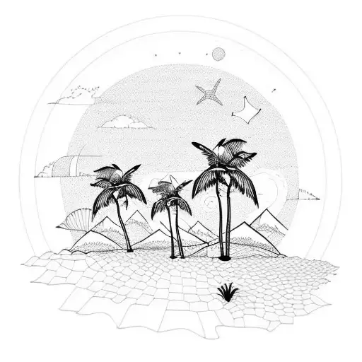Beach Palm Tree Forest Mountains Sun silhouette  tattoo design idea