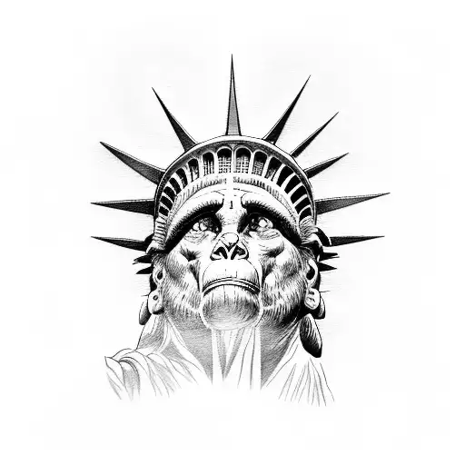 A dotwork tattoo of the Statue of Liberty replaced by a monkey, representing the role reversal theme in Planet of the Apes tattoo design idea