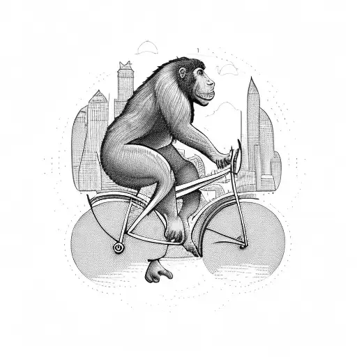 A blackwork tattoo of an ape riding a vintage bicycle through a post-apocalyptic city tattoo design idea