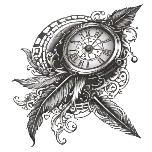 Writing pen with a feather drawing a clock melting tattoo design idea