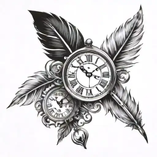Writing pen with a feather drawing a clock tattoo design idea