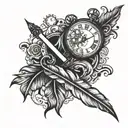 Writing pen with a feather drawing a clock melting tattoo design idea