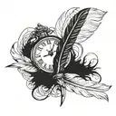 Writing pen with a feather drawing a clock tattoo design idea