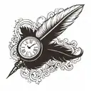 Writing pen with a feather drawing a clock tattoo design idea