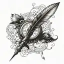 Writing pen with a feather drawing a clock tattoo design idea