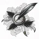 Writing pen with a feather drawing a clock tattoo design idea