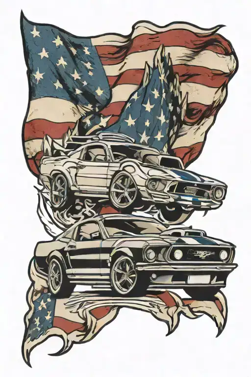 Ford Mustang Logo in front of American Flag cut diagonally tattoo design idea