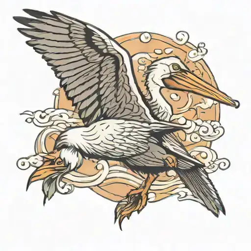 pelican flying away tattoo design idea