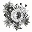 A fusion of psychology and sacred geometry in a blackwork tattoo design, incorporating elements of the game of Lila to represent the interconnectedness of all things tattoo design idea