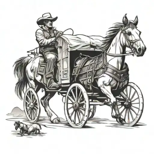 cowboy driving a covered wagon that's being pulled bt horses tattoo design idea