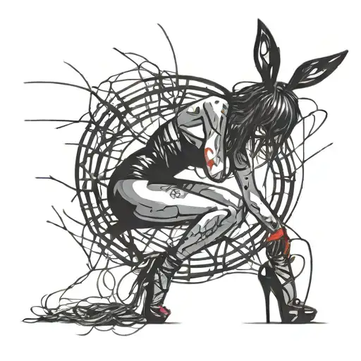 Black Stripper Silhouette with High heels fishnets bunny ears, posing Seductively. thorny blood circle dripping blood  tattoo design idea