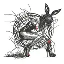Black Stripper Silhouette with High heels fishnets bunny ears, posing Seductively. thorny blood circle dripping blood  tattoo design idea