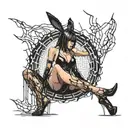 Black Stripper Silhouette with High heels fishnets bunny ears, posing Seductively. thorny blood circle dripping blood  tattoo design idea