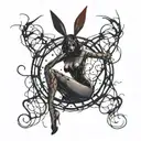 Black Stripper Silhouette with High heels fishnets bunny ears, posing Seductively. thorny blood circle dripping blood  tattoo design idea