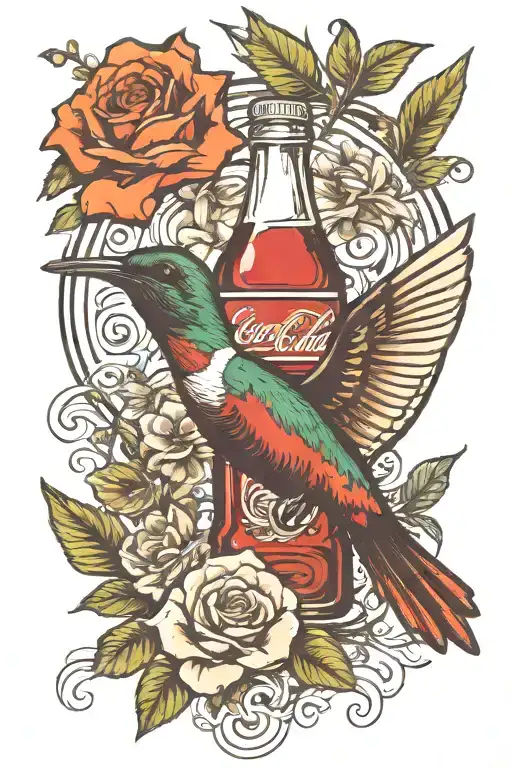 Coca-Cola bottle and hummingbird drinking  tattoo design idea